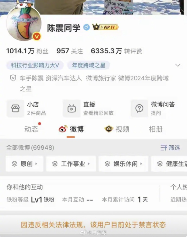 总粉丝超2400万 知名车评人陈震多平台账号被禁言 总粉丝超2400万 知名车评人陈震多平台账号被禁言