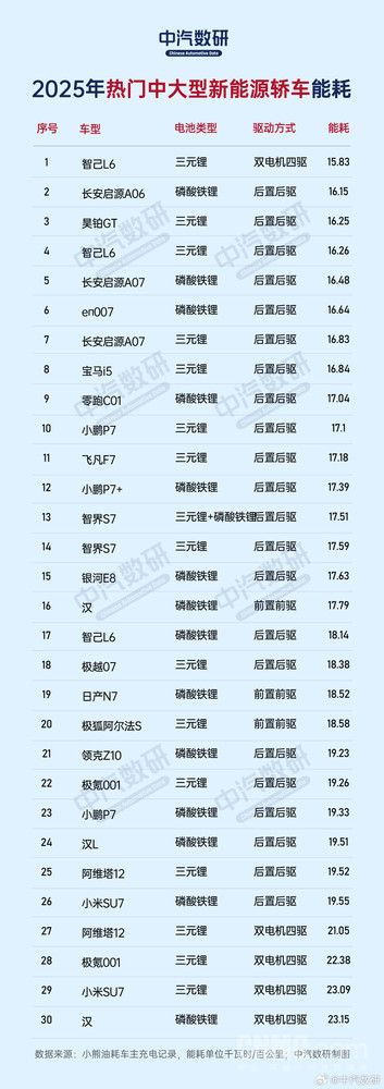 2025热门中大型新能源汽车能耗榜揭晓 智己L6能耗最低