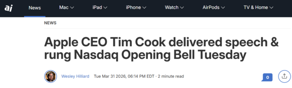 库克在Apple Park敲响纳斯达克开盘钟 并发表演讲